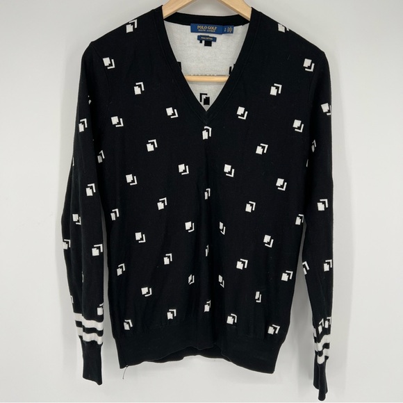 Polo Golf Ralph Lauren Large V-Neck Pullover‎ Sweater Black Whit Print Cotton - Picture 5 of 13